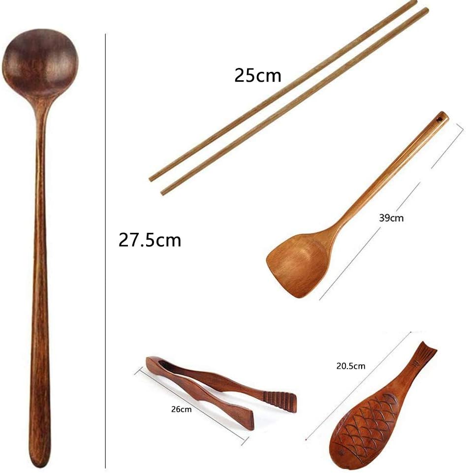 Gkhowiu Ustensiles de Cuisine en Bois Ensemble D'Ustensiles de Cuisine avec Spatule Wok Pinces Alimentaires CuillèRe de Cuisson Baguettes de Riz Palette