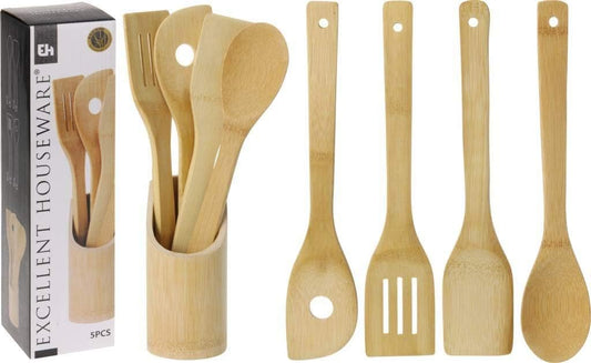 Excellent Houseware Cuillère en Bois/Couverts Set d'ustensiles de Cuisine en Bambou 5 pièces avec Trou Cuillère spatule Palette Spatule et Ronde Panier