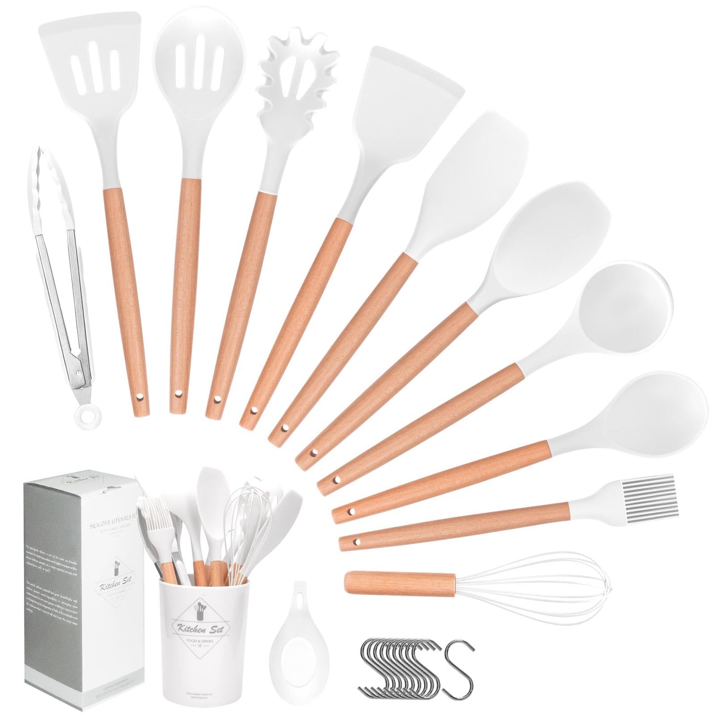 Howephofly Ustensiles de Cuisine Silicone et Bois, 23 Pièces Outil de Cuisine Antiadhésif Anti-Rayures, Ustensiles Cuisine Antiadhésive Set, sans BPA, avec Pot de Rangement (Rose)