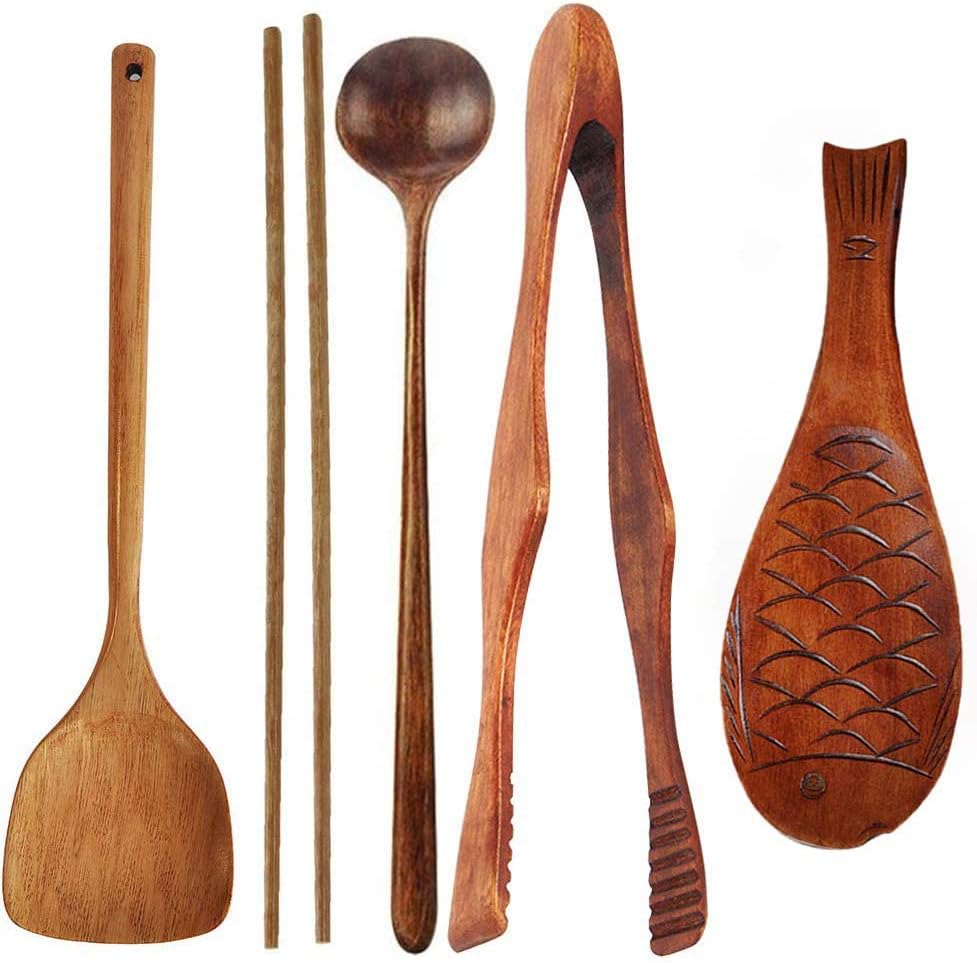 Gkhowiu Ustensiles de Cuisine en Bois Ensemble D'Ustensiles de Cuisine avec Spatule Wok Pinces Alimentaires CuillèRe de Cuisson Baguettes de Riz Palette