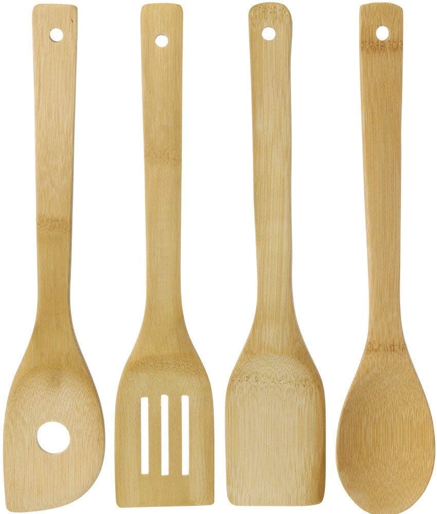 Excellent Houseware Cuillère en Bois/Couverts Set d'ustensiles de Cuisine en Bambou 5 pièces avec Trou Cuillère spatule Palette Spatule et Ronde Panier