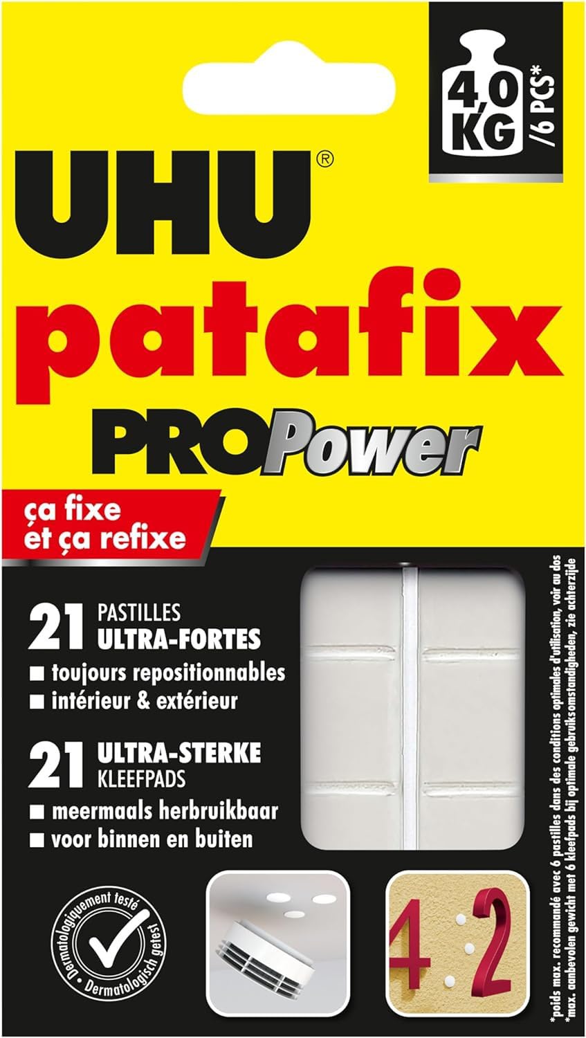 UHU Patafix Déco - pastilles adhésives prédécoupées, pâte à fixer, super-fortes (Jusqu'à 2 kg), repositionnables, blanche, 32 pastilles