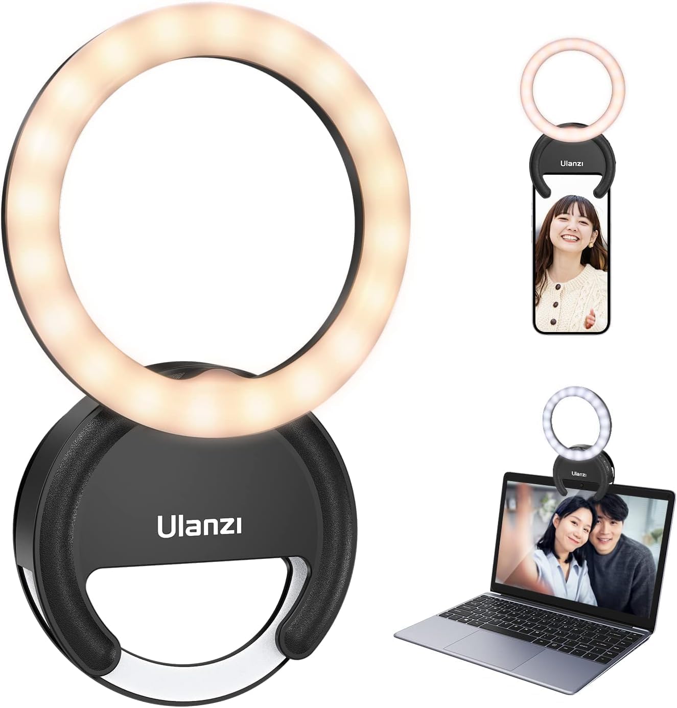 Ring Light Telephone ULANZI 4" Selfie Lumiere Photo, 3 Températures Couleur 3000K-7000K, Right Light 5 Niveaux Luminosité, Lumière Laptop für Vidéo Conférence Streaming Make-up Vlog Youtube TikTok