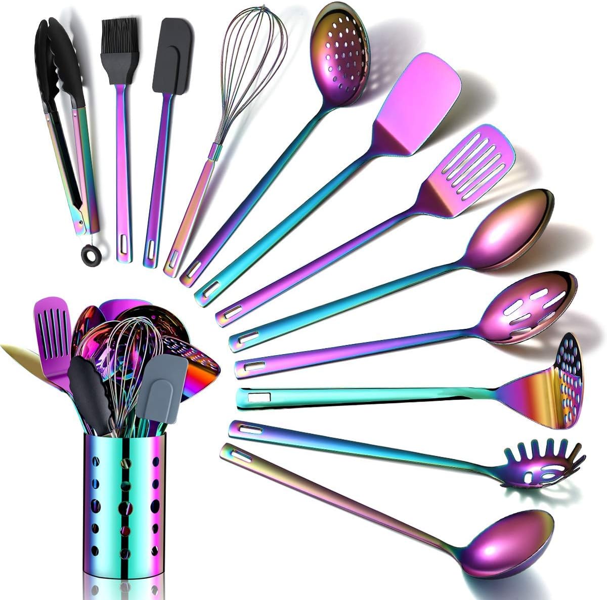 Ensemble D'ustensiles de Cuisine Arc-En-Ciel, Ensemble D'ustensiles de Cuisine en Acier Inoxydable de 13 Pièces Avec Placage Arc-En-Ciel en Titane, Ensemble D'outils de Cuisine Avec Porte-Ustensiles