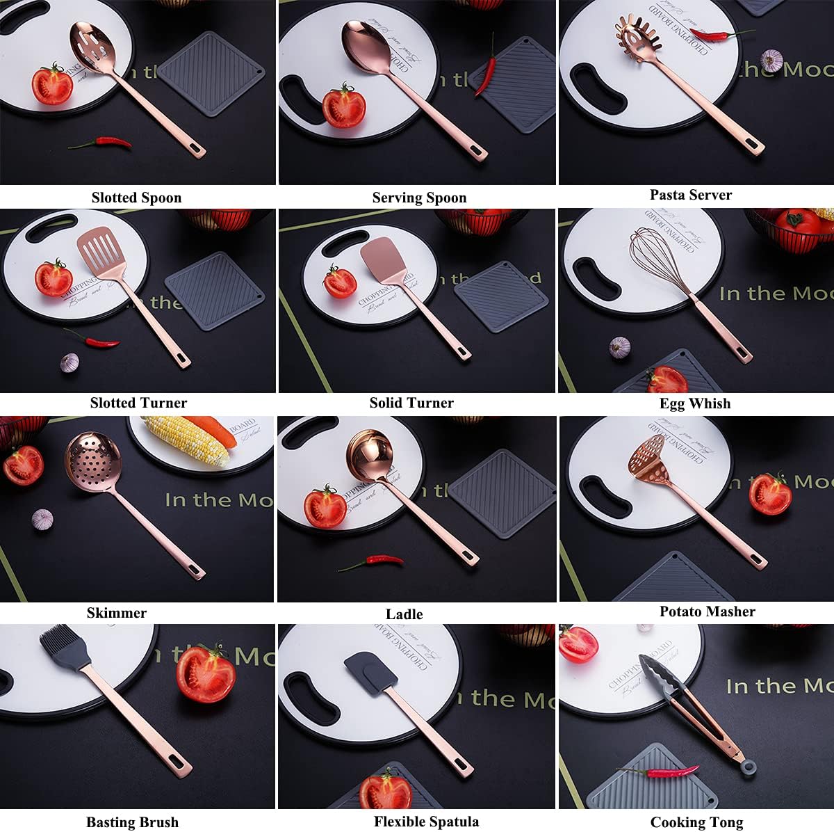 Ensemble D'ustensiles de Cuisine en Cuivre, Ensemble D'ustensiles de Cuisine en Acier Inoxydable de 13 Pièces Avec Placage En or Rose en Titane, Ensemble D'outils de Cuisine Avec Porte-Ustensiles