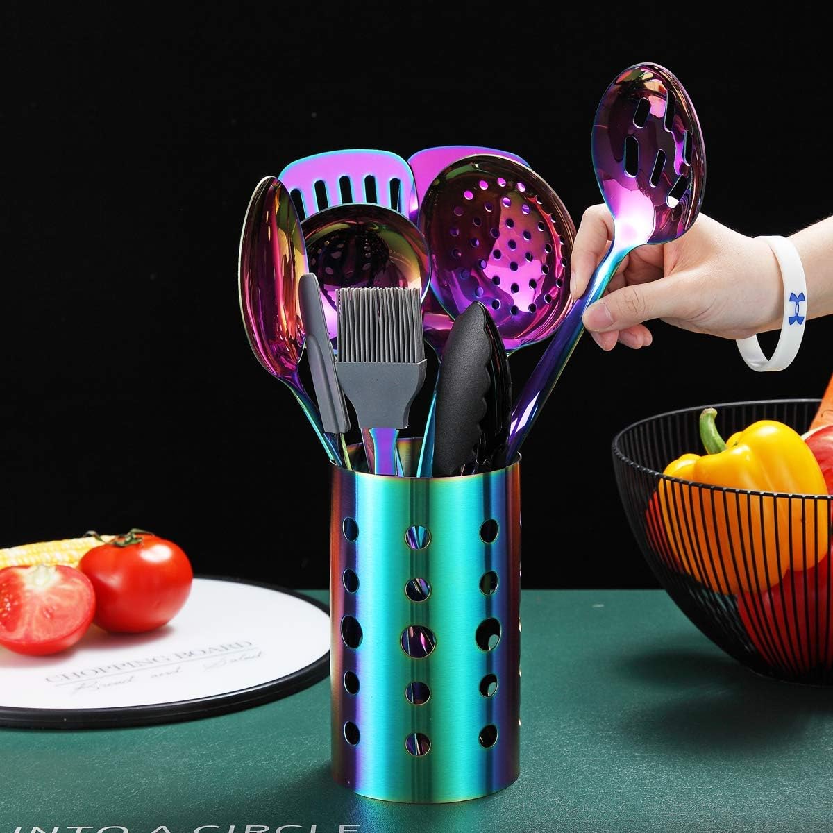 Ensemble D'ustensiles de Cuisine Arc-En-Ciel, Ensemble D'ustensiles de Cuisine en Acier Inoxydable de 13 Pièces Avec Placage Arc-En-Ciel en Titane, Ensemble D'outils de Cuisine Avec Porte-Ustensiles