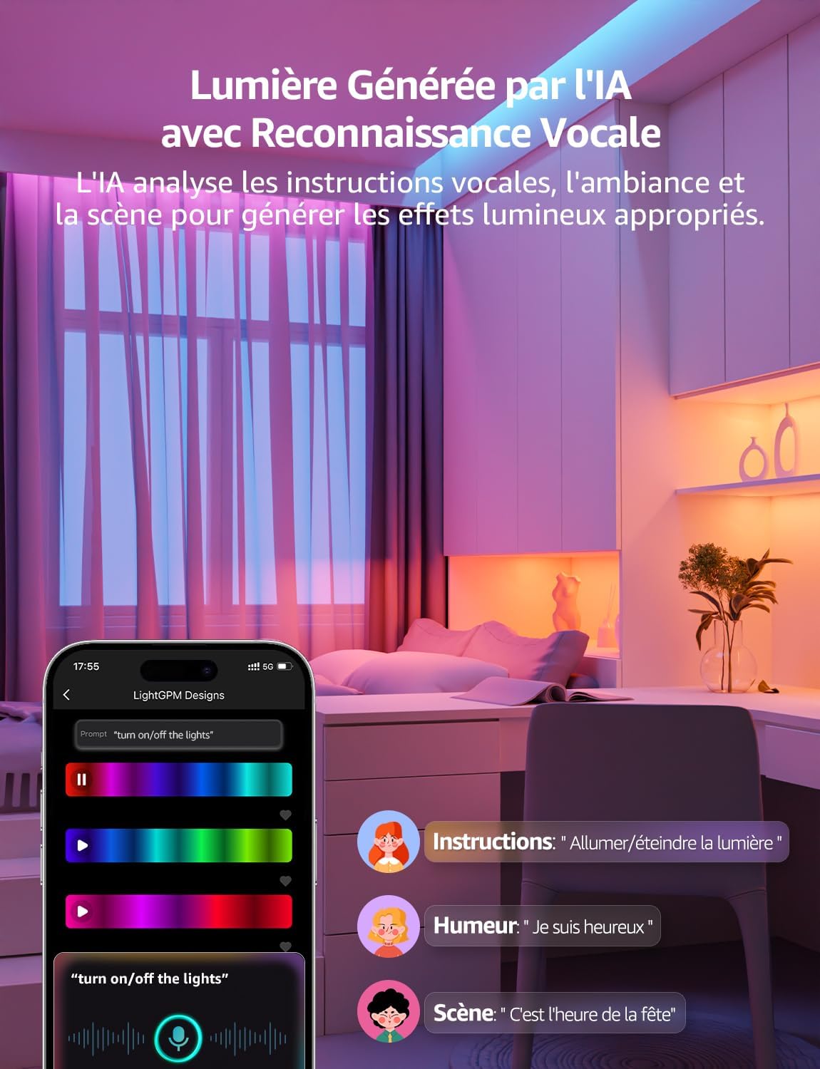 Lepro SE1 IA Ruban LED RGB Connecté WiFi 5M, Éclairage généré par IA LLM, Led Chambre Contrôlé par APP, Sync Musique, Compatible avec Alexa et Google Assistant