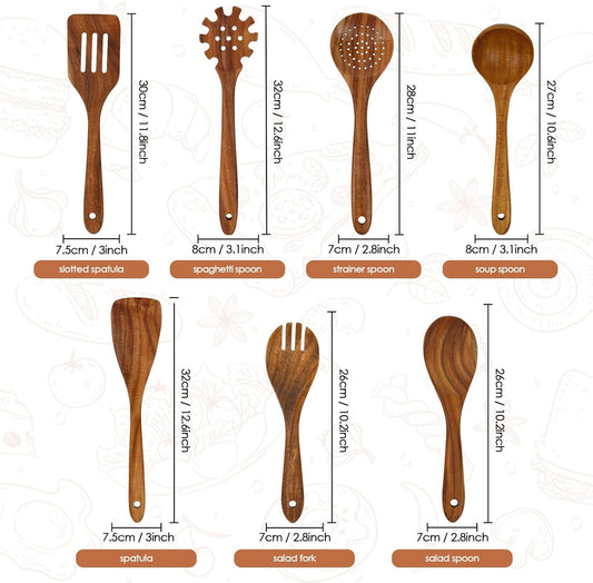 comfoyar Teck Ustensiles de Cuisine Bois, Set de 7 Cuillère en Bois pour la Cuisson avec Spatula et Ladle, Lot de Cuillere Ustensile Résistance à la chaleur Convient pour Poêles Antiadhésives