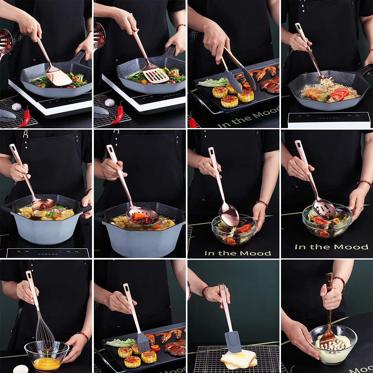 Ensemble D'ustensiles de Cuisine en Cuivre, Ensemble D'ustensiles de Cuisine en Acier Inoxydable de 13 Pièces Avec Placage En or Rose en Titane, Ensemble D'outils de Cuisine Avec Porte-Ustensiles