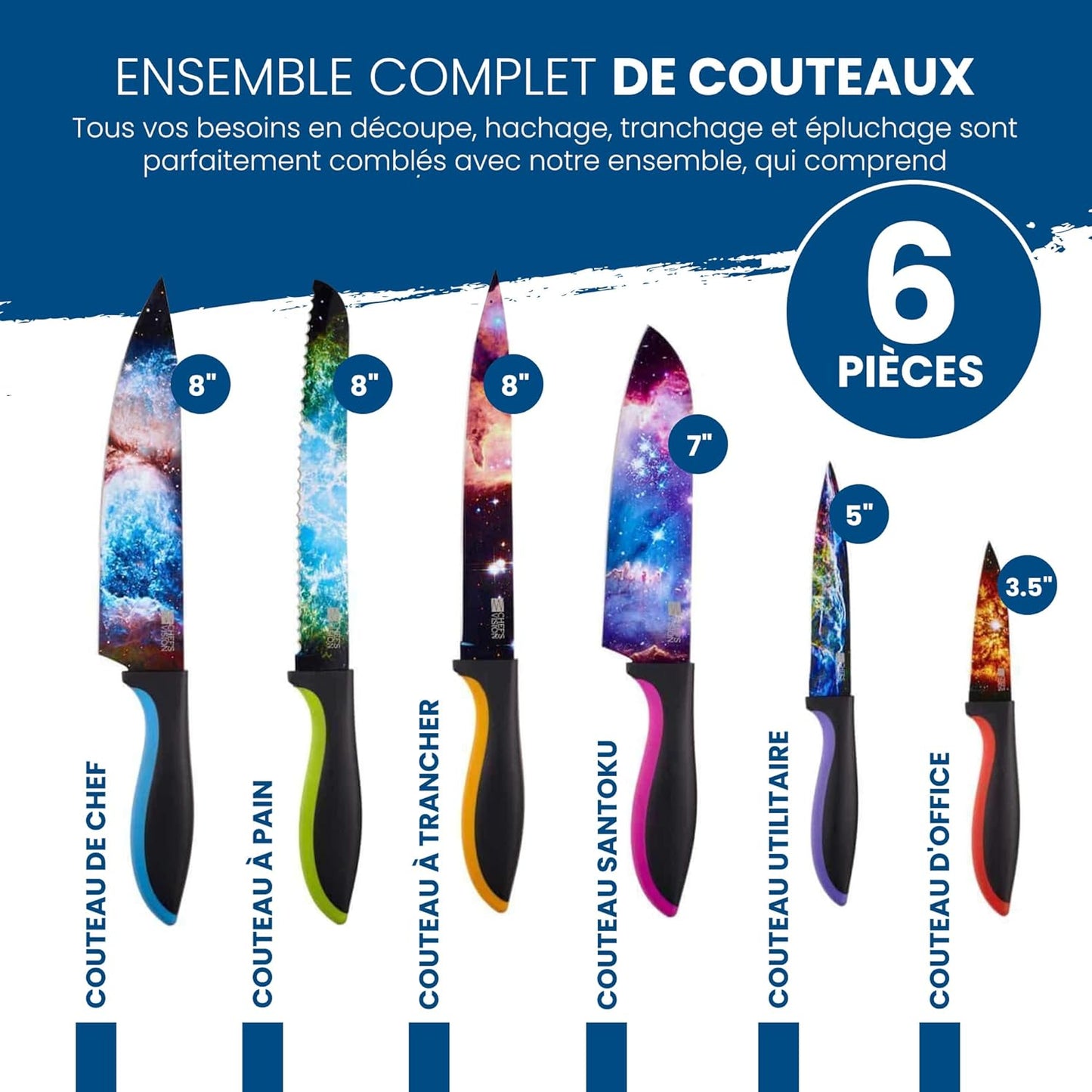 Ensemble de Couteaux Chef’s Vision Cosmos - Ensemble de Couteaux de Cuisine en Acier Inoxydable de 6 Pièces - Scènes Cosmiques Superbes - Cadeau Parfait pour Pendaison de Crémaillère, Femme ou Homme