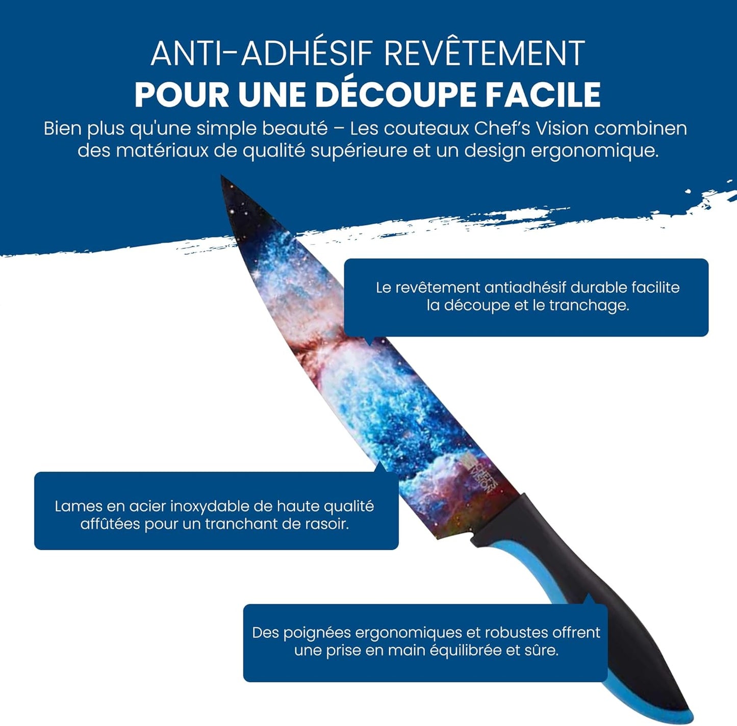 Ensemble de Couteaux Chef’s Vision Cosmos - Ensemble de Couteaux de Cuisine en Acier Inoxydable de 6 Pièces - Scènes Cosmiques Superbes - Cadeau Parfait pour Pendaison de Crémaillère, Femme ou Homme