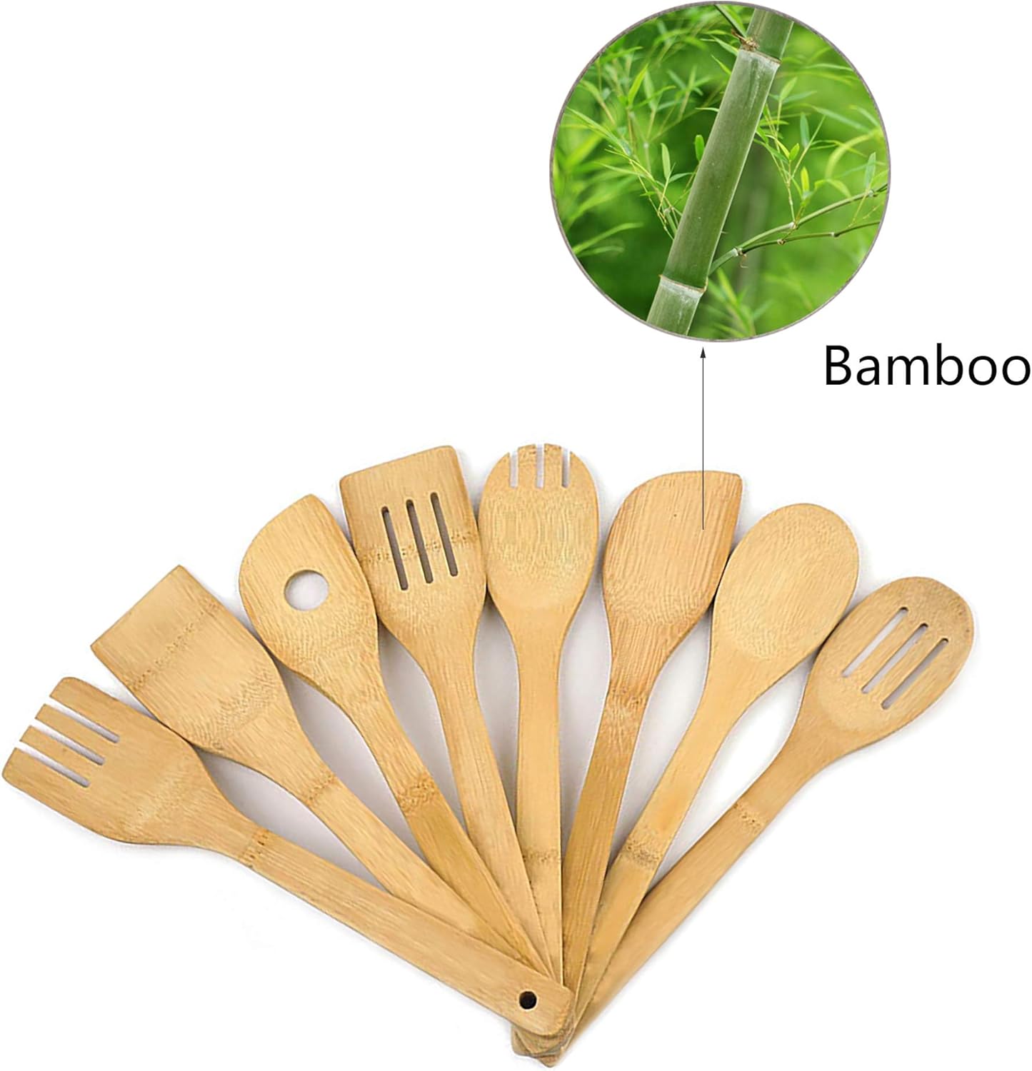 Lot de 8 Ustensiles de Cuisine en Bambou, Cuillères et Spatules en Bois, Anti-adhésifs et Wok, Spatule Pelle, Ensemble D'ustensiles de Cuisine Résistant à la Chaleur Outils Cuillère Spatule