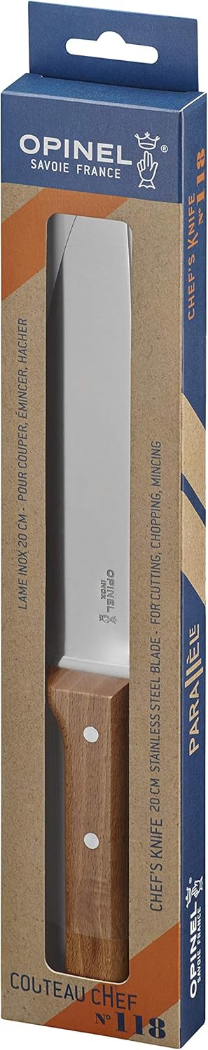 Opinel - N°118 Couteau de Chef Parallèle - Lame en Acier Inoxydable, Multifonction - Manche en Bois de Hêtre - Excellente Prise en Main - Garantie à Vie