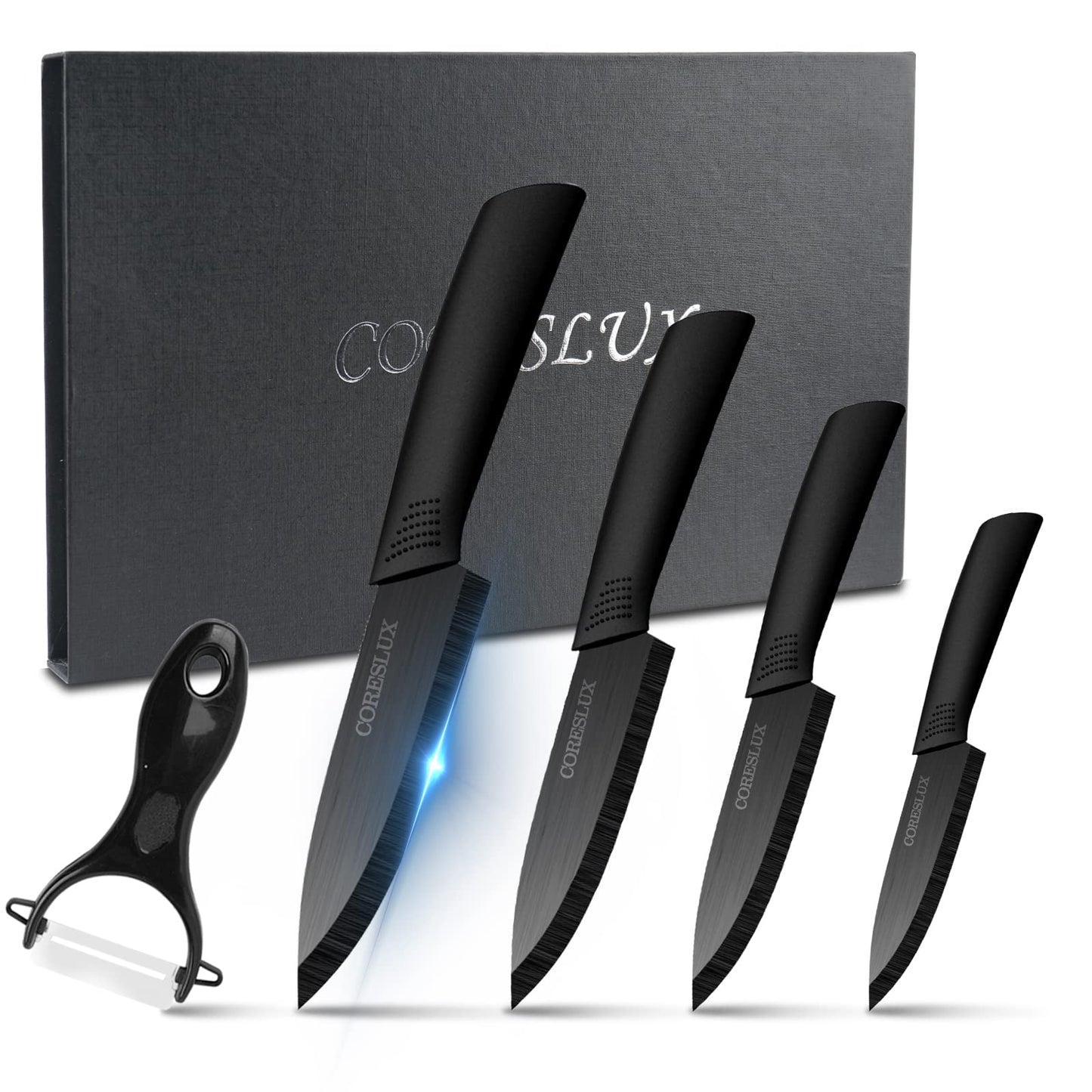 CORESLUX Couteau Ceramique Cuisine, Couteaux en céramique Couteaux de Cuisine (6" Couteau Chef, 5" Couteau Utilitaire, 4" Couteau à Fruits, 3" Couteau à éplucher, Éplucheur pour Fruit et Légume)