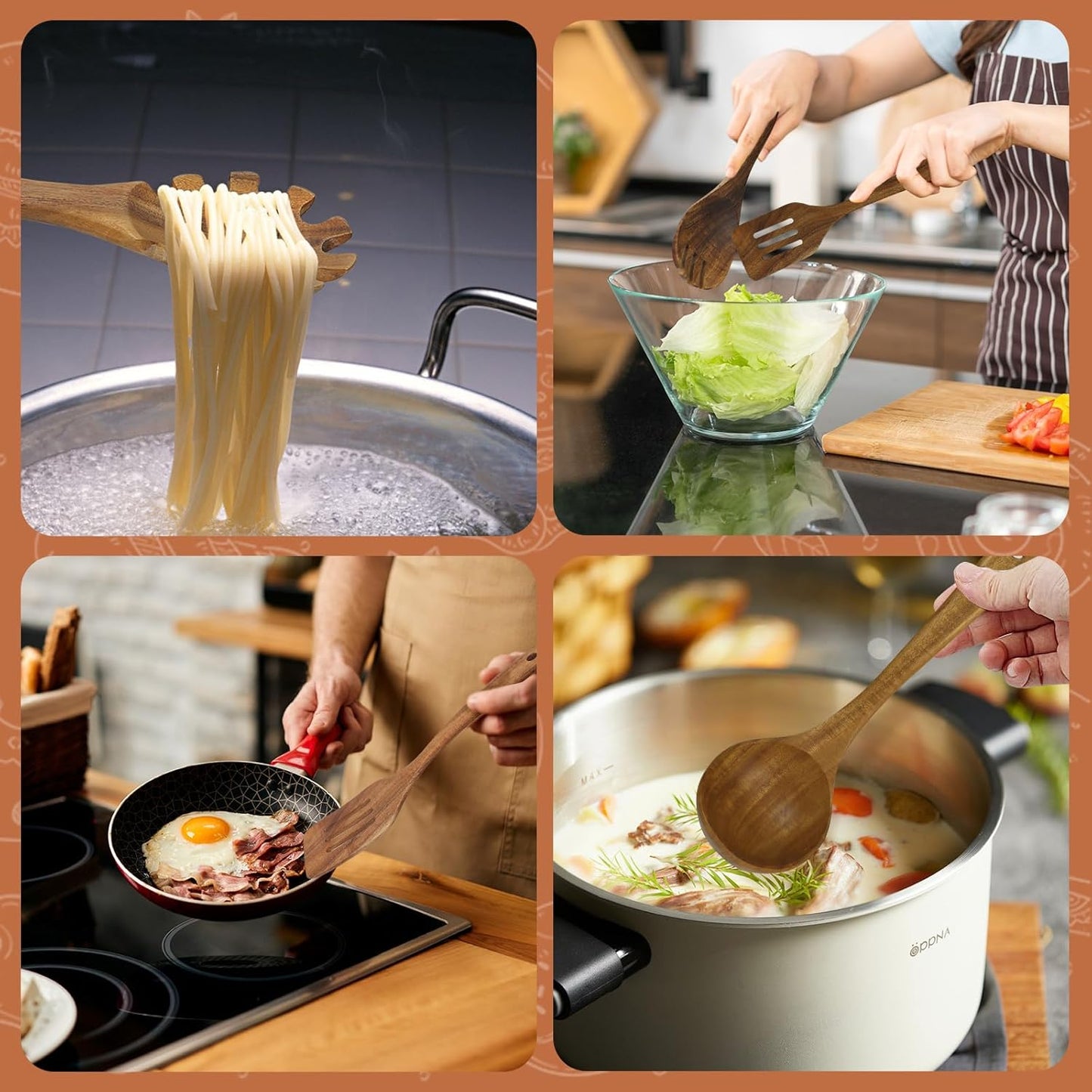 comfoyar Teck Ustensiles de Cuisine Bois, Set de 7 Cuillère en Bois pour la Cuisson avec Spatula et Ladle, Lot de Cuillere Ustensile Résistance à la chaleur Convient pour Poêles Antiadhésives