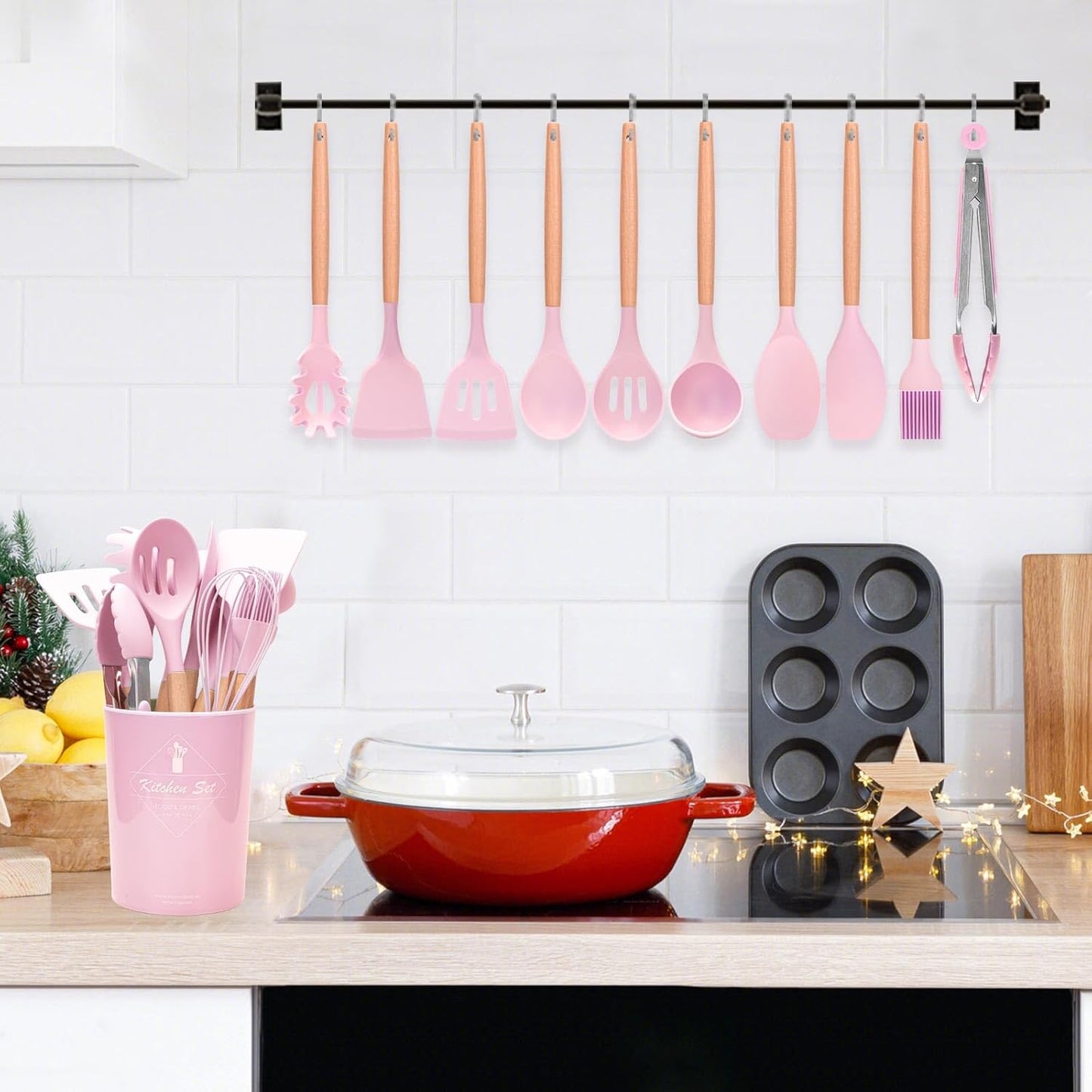 Howephofly Ustensiles de Cuisine Silicone et Bois, 23 Pièces Outil de Cuisine Antiadhésif Anti-Rayures, Ustensiles Cuisine Antiadhésive Set, sans BPA, avec Pot de Rangement (Rose)