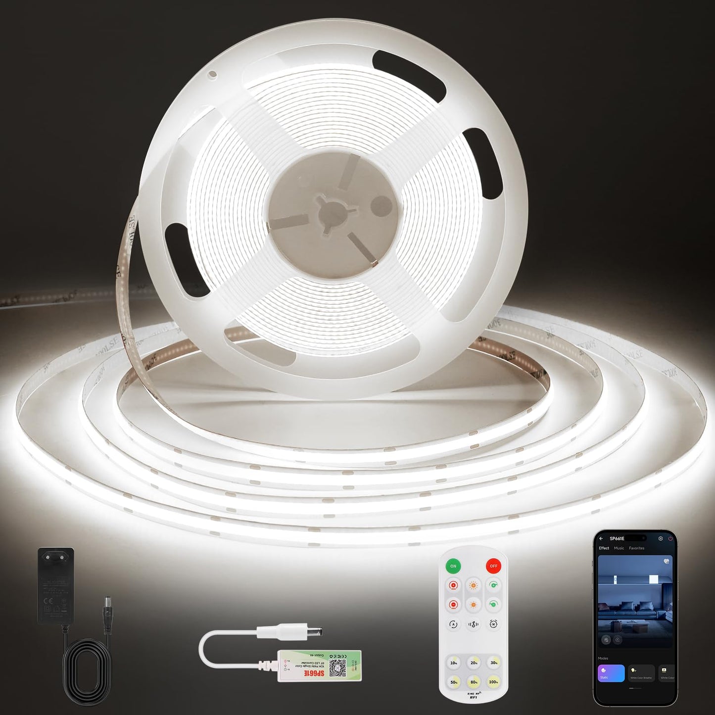 ACELUMO Ruban LED COB 5m, Ruban LED Blanc Chaud avec Smart App et Telecommande, Fonction Minuterie, Couleur Dynamique, Mode Musique pour Mural, TV, Cuisine Salon, 3000K