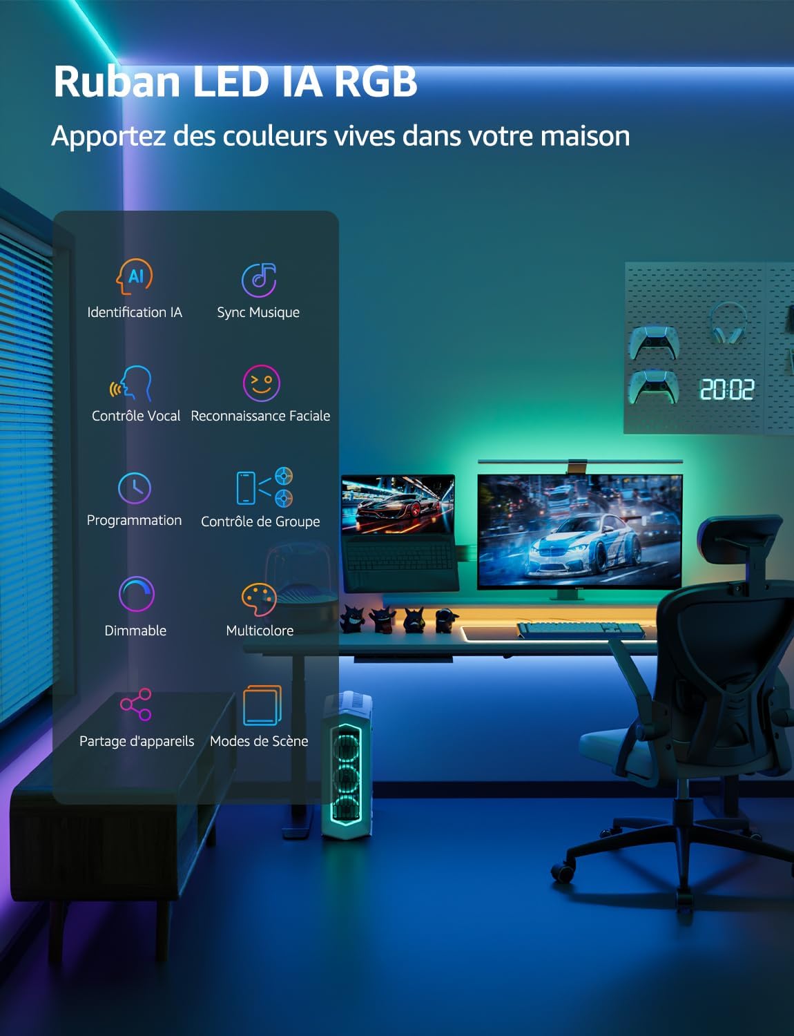 Lepro SE1 IA Ruban LED RGB Connecté WiFi 5M, Éclairage généré par IA LLM, Led Chambre Contrôlé par APP, Sync Musique, Compatible avec Alexa et Google Assistant