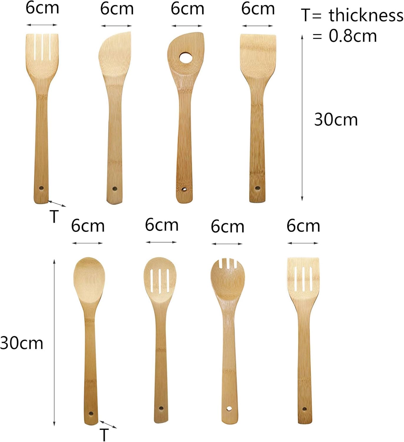 Lot de 8 Ustensiles de Cuisine en Bambou, Cuillères et Spatules en Bois, Anti-adhésifs et Wok, Spatule Pelle, Ensemble D'ustensiles de Cuisine Résistant à la Chaleur Outils Cuillère Spatule