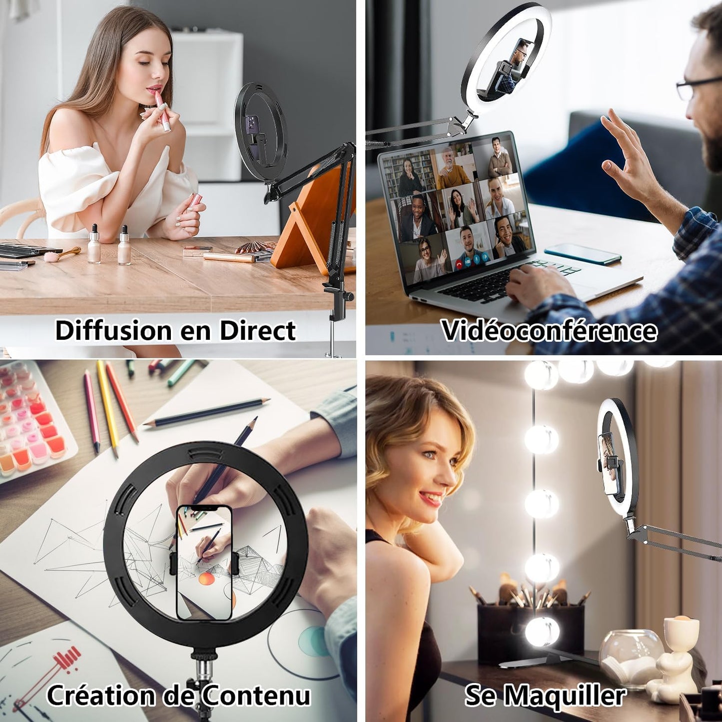 yAyusi 10" Ring Light avec Trépied pour Bureau, Ring Light Telephone LED avec Support et Support de Téléphone, Flexible Support de Caméra, Dimmable Anneau Lumineux Trepied pour Conférence Vidéo/TikTok