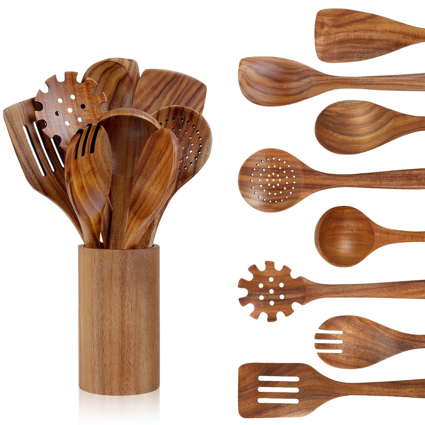 comfoyar Teck Ustensiles de Cuisine Bois, Set de 7 Cuillère en Bois pour la Cuisson avec Spatula et Ladle, Lot de Cuillere Ustensile Résistance à la chaleur Convient pour Poêles Antiadhésives