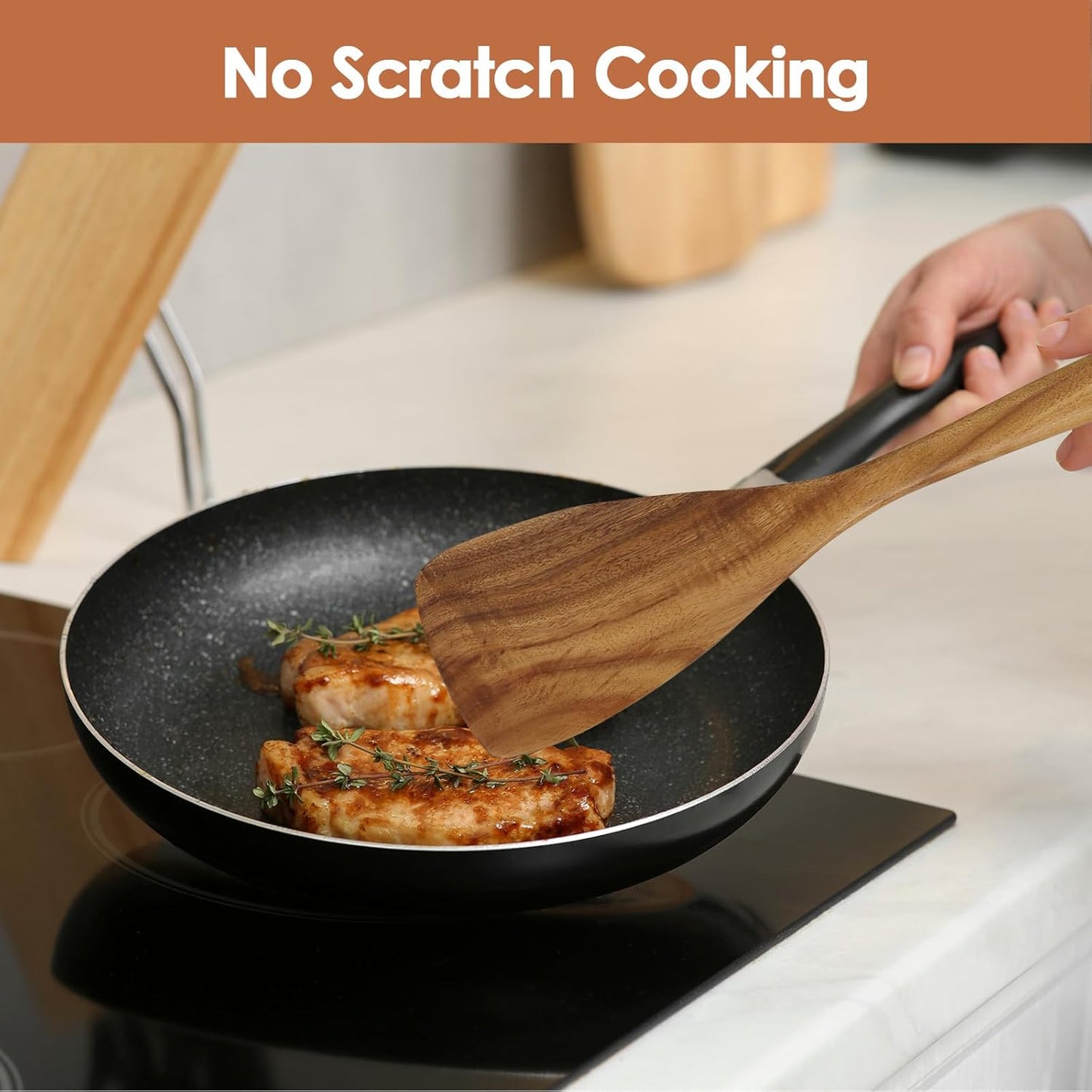 comfoyar Teck Ustensiles de Cuisine Bois, Set de 7 Cuillère en Bois pour la Cuisson avec Spatula et Ladle, Lot de Cuillere Ustensile Résistance à la chaleur Convient pour Poêles Antiadhésives