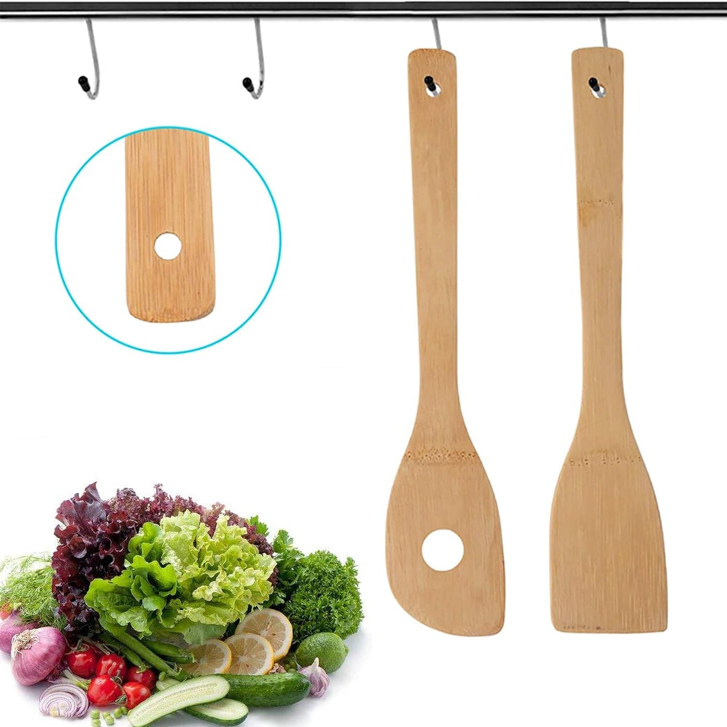 Lot de 8 Ustensiles de Cuisine en Bambou, Cuillères et Spatules en Bois, Anti-adhésifs et Wok, Spatule Pelle, Ensemble D'ustensiles de Cuisine Résistant à la Chaleur Outils Cuillère Spatule