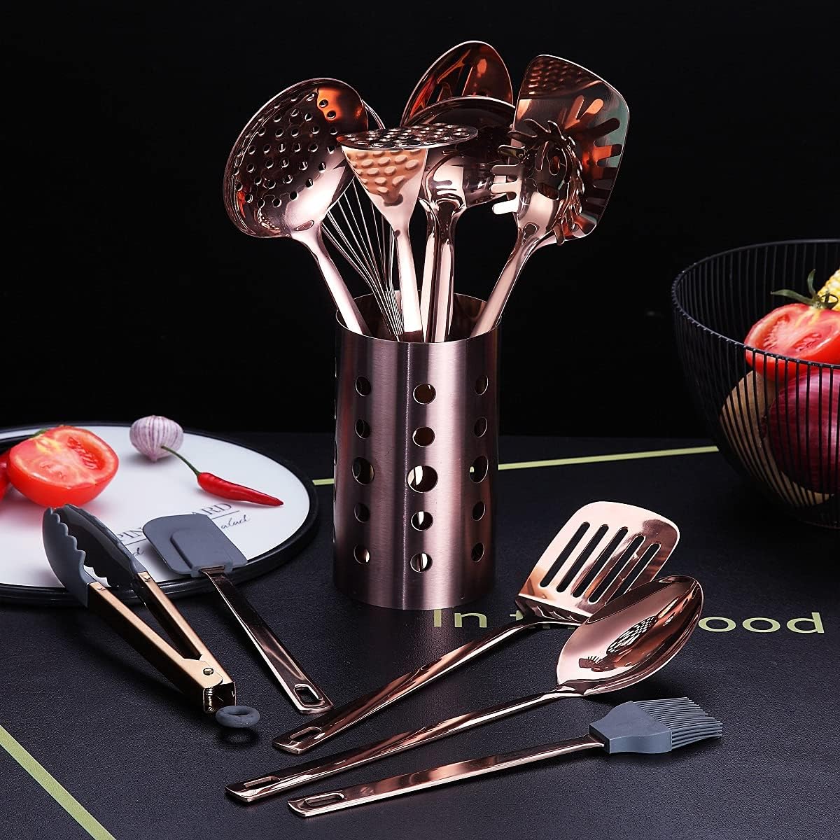 Ensemble D'ustensiles de Cuisine en Cuivre, Ensemble D'ustensiles de Cuisine en Acier Inoxydable de 13 Pièces Avec Placage En or Rose en Titane, Ensemble D'outils de Cuisine Avec Porte-Ustensiles