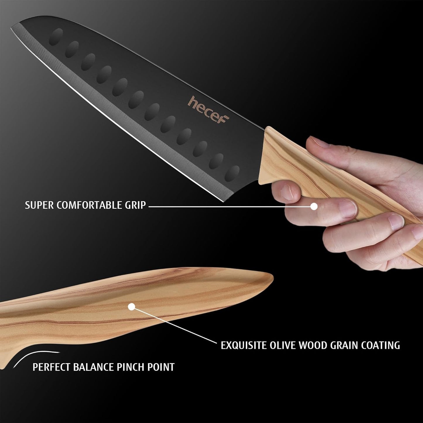 hecef Set de 3 Couteaux de Cuisine Professionnels en Acier Inoxydable – Set Couteau Cuisine inclure Couteau de Chef, Utilitaire, d’Office, Manche Ergonomique, Série Rétro