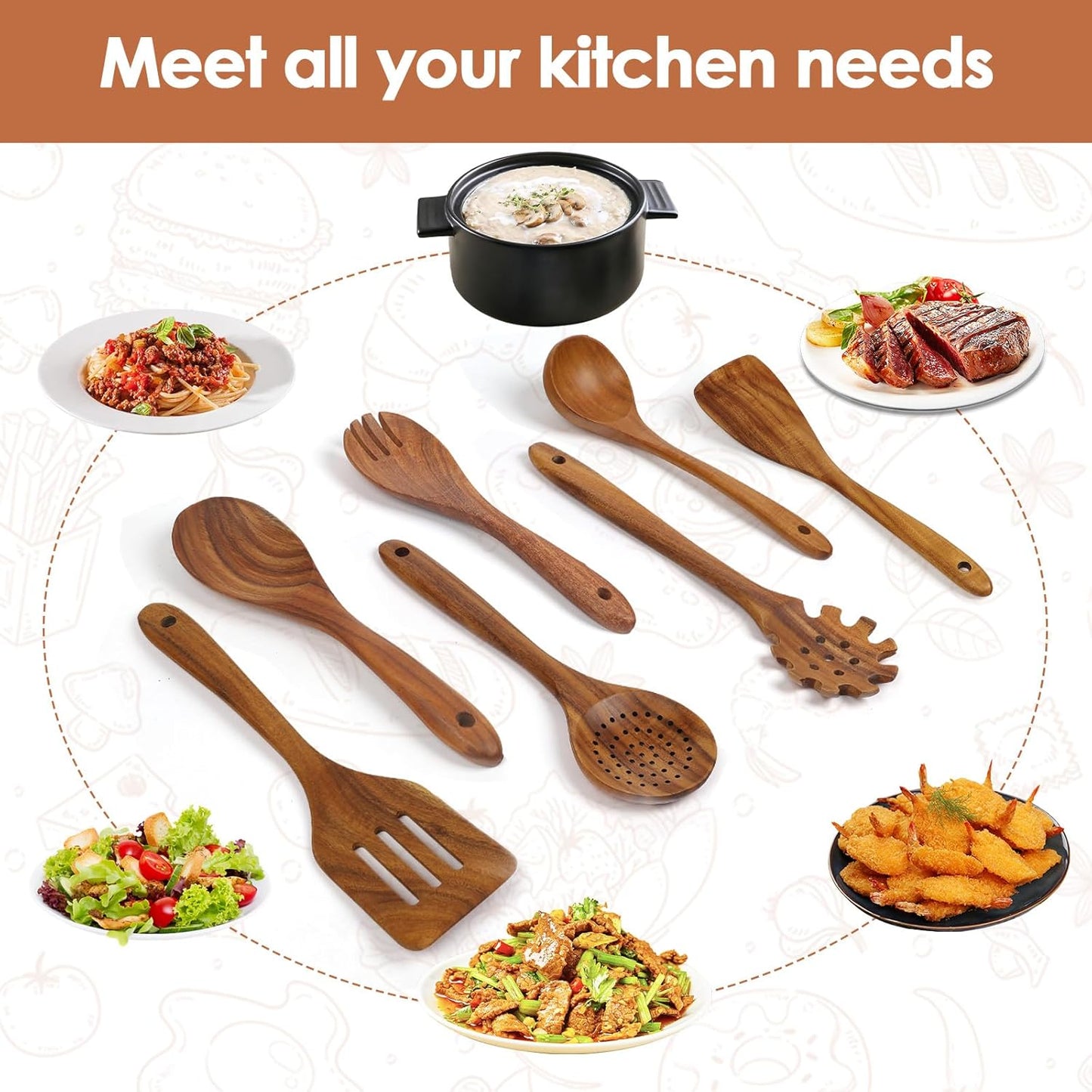 comfoyar Teck Ustensiles de Cuisine Bois, Set de 7 Cuillère en Bois pour la Cuisson avec Spatula et Ladle, Lot de Cuillere Ustensile Résistance à la chaleur Convient pour Poêles Antiadhésives