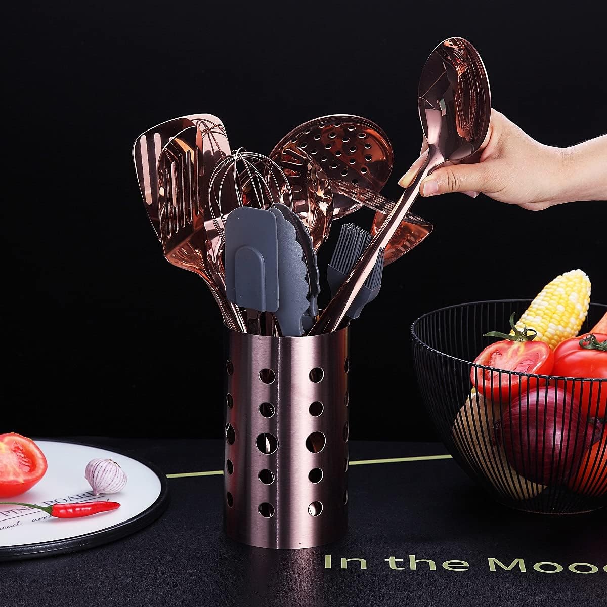 Ensemble D'ustensiles de Cuisine en Cuivre, Ensemble D'ustensiles de Cuisine en Acier Inoxydable de 13 Pièces Avec Placage En or Rose en Titane, Ensemble D'outils de Cuisine Avec Porte-Ustensiles