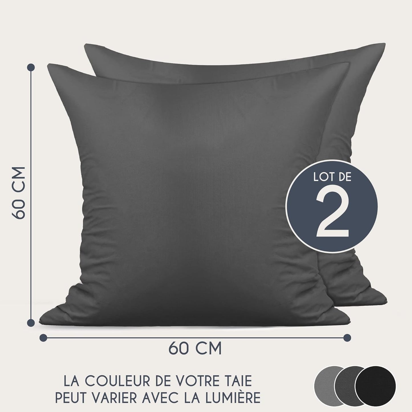 Taie Oreiller 60x60 Coton Renforcé (Set de 2) - Anthracite - Tissage serré de 57 Fils/cm² - Taie Oreiller 60 x 60 cm- Certifié Oeko Tex