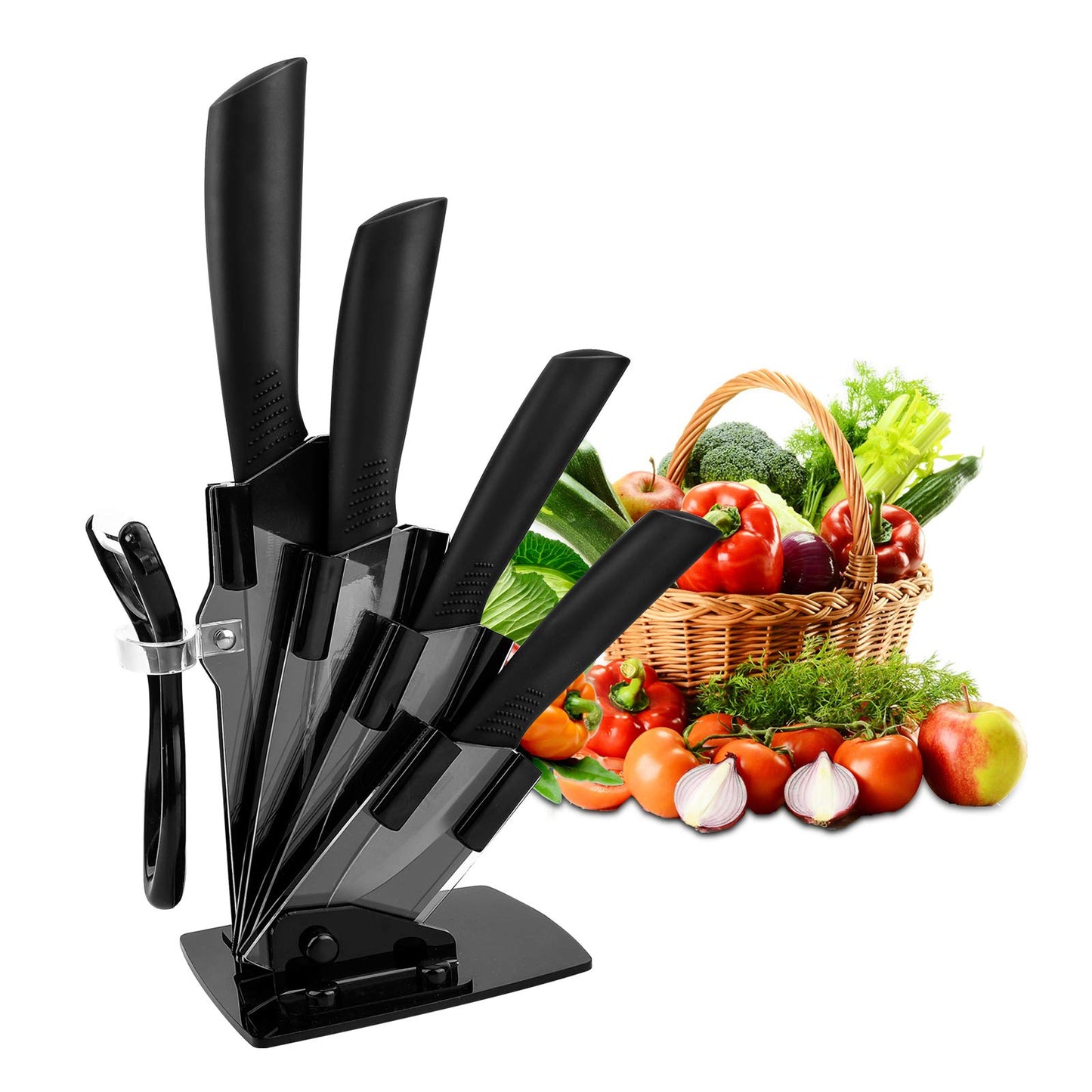 CORESLUX Couteau Ceramique Cuisine, Couteaux en céramique Couteaux de Cuisine (6" Couteau Chef, 5" Couteau Utilitaire, 4" Couteau à Fruits, 3" Couteau à éplucher, Éplucheur pour Fruit et Légume)