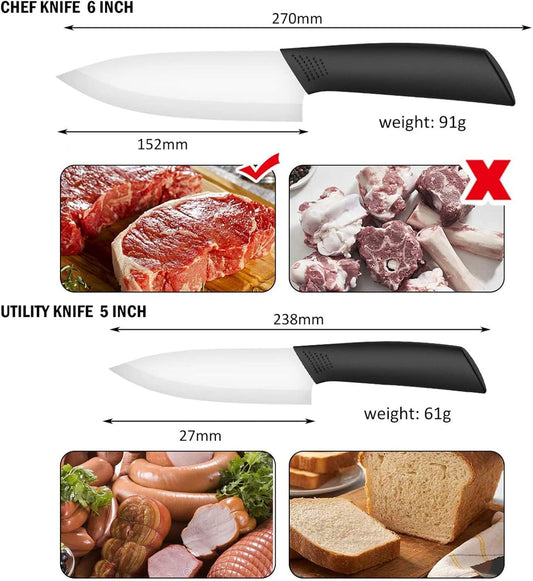 CORESLUX Couteau Ceramique Cuisine, Couteaux en céramique Couteaux de Cuisine (6" Couteau Chef, 5" Couteau Utilitaire, 4" Couteau à Fruits, 3" Couteau à éplucher, Éplucheur pour Fruit et Légume)