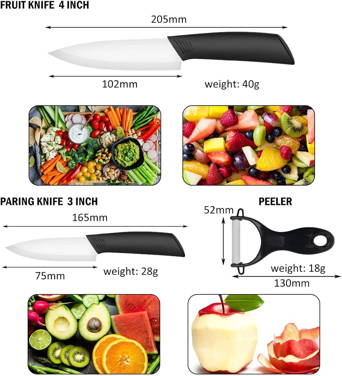 CORESLUX Couteau Ceramique Cuisine, Couteaux en céramique Couteaux de Cuisine (6" Couteau Chef, 5" Couteau Utilitaire, 4" Couteau à Fruits, 3" Couteau à éplucher, Éplucheur pour Fruit et Légume)