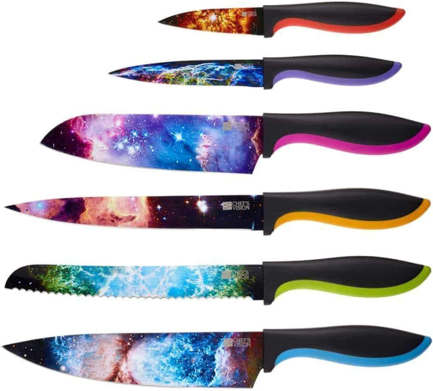 Ensemble de Couteaux Chef’s Vision Cosmos - Ensemble de Couteaux de Cuisine en Acier Inoxydable de 6 Pièces - Scènes Cosmiques Superbes - Cadeau Parfait pour Pendaison de Crémaillère, Femme ou Homme