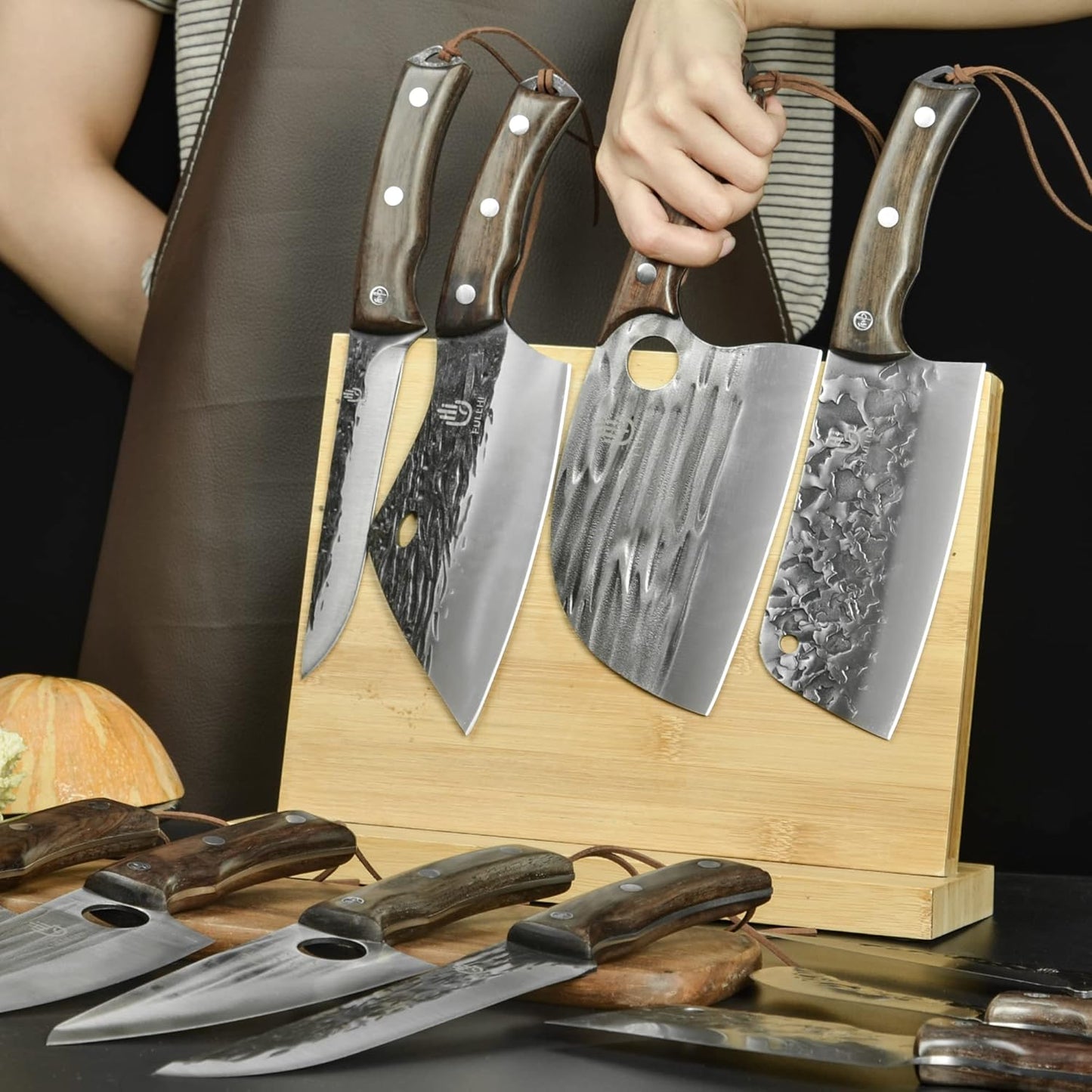 FULLHI Lot de 17 couteaux Metzger Chef comprenant fourreau en acier au carbone et couteau de cuisine complet Tang légume Cleaver Home BBQ Camping avec sac à couteaux