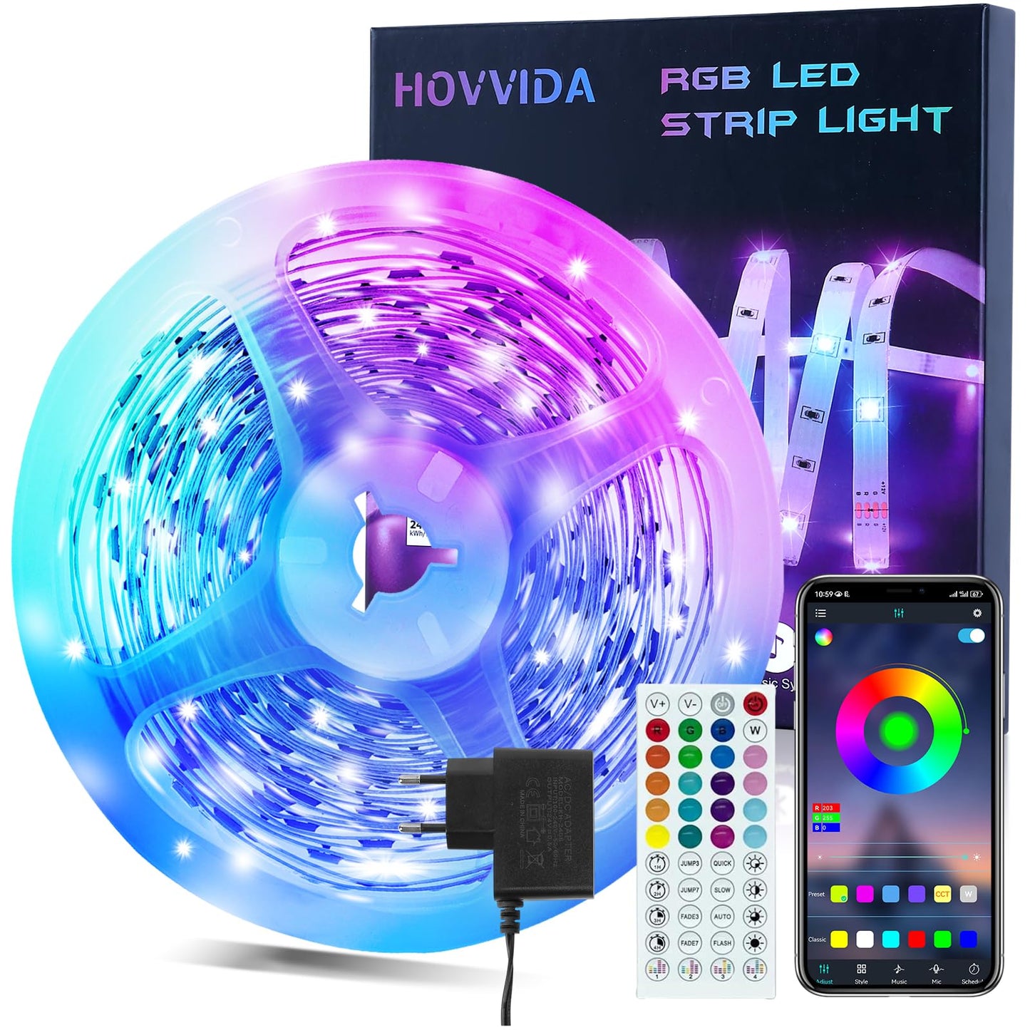 HOVVIDA Ruban LED 5M, 30 LED/Mètre, 24V RVB Bande LED, 150 LED, APP et Télécommande, Synchronisation de la Musique, Mode Minuterie, pour Chambre, Salle de Jeux, Fête, Festival