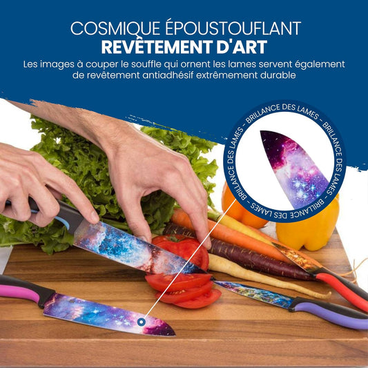 Ensemble de Couteaux Chef’s Vision Cosmos - Ensemble de Couteaux de Cuisine en Acier Inoxydable de 6 Pièces - Scènes Cosmiques Superbes - Cadeau Parfait pour Pendaison de Crémaillère, Femme ou Homme
