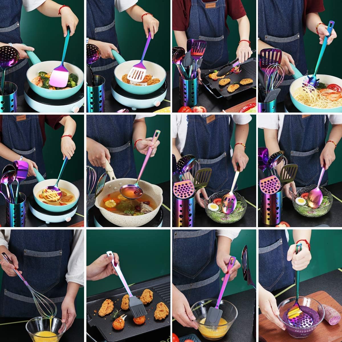 Ensemble D'ustensiles de Cuisine Arc-En-Ciel, Ensemble D'ustensiles de Cuisine en Acier Inoxydable de 13 Pièces Avec Placage Arc-En-Ciel en Titane, Ensemble D'outils de Cuisine Avec Porte-Ustensiles