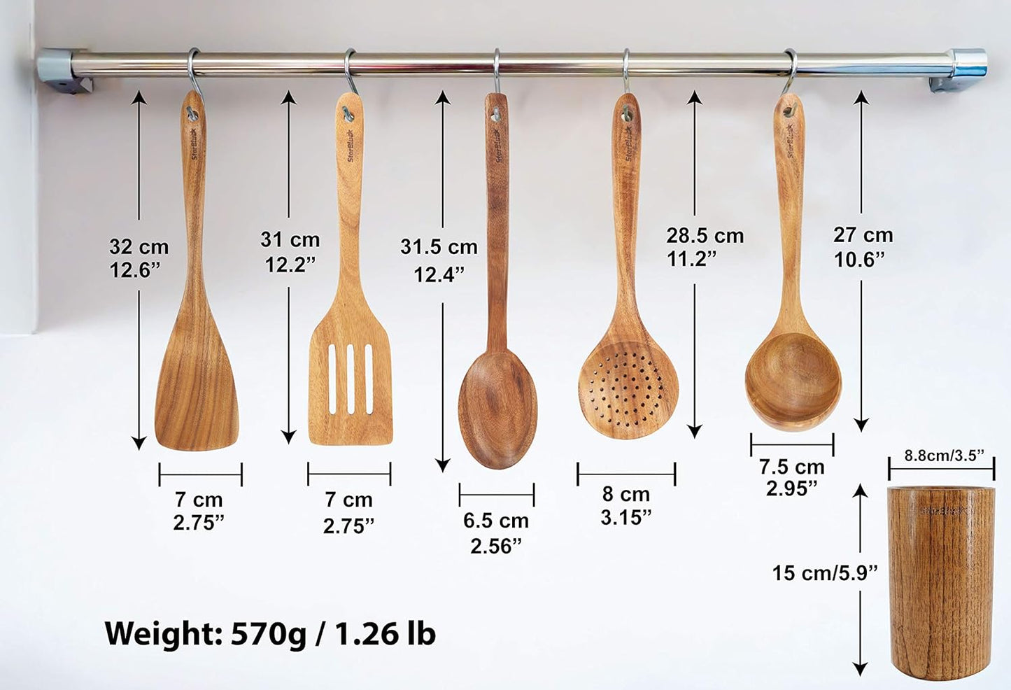 StarBlue Lot de 6 ustensiles de cuisine en bois d'acacia – Spatules anti-rayures et durables pour ustensiles de cuisine antiadhésifs – Spatule en bois écologique et ergonomique et support de poêle