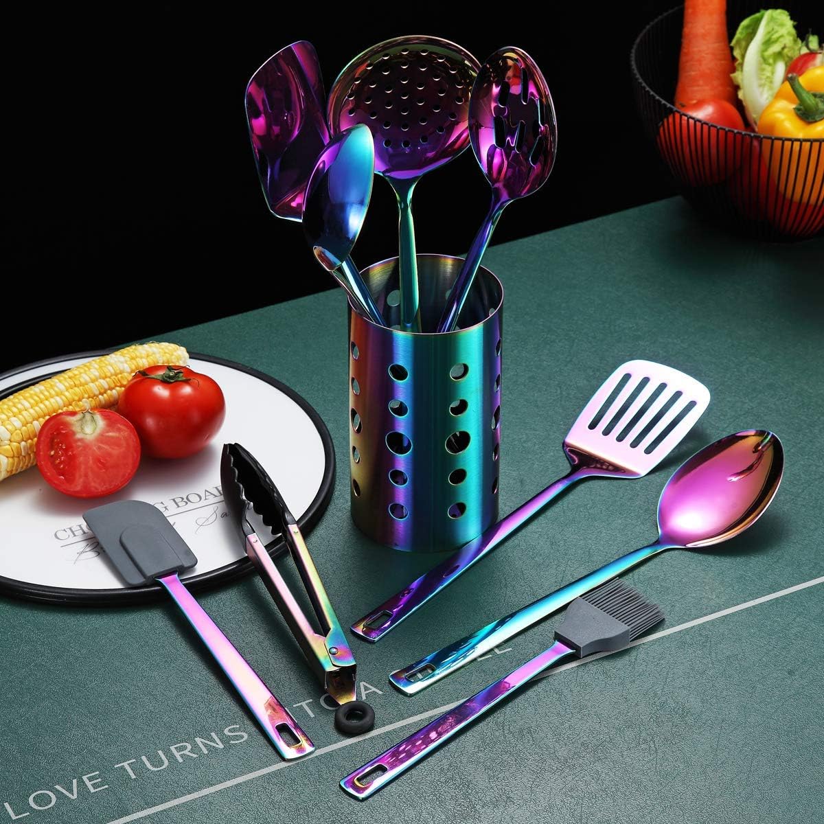 Ensemble D'ustensiles de Cuisine Arc-En-Ciel, Ensemble D'ustensiles de Cuisine en Acier Inoxydable de 13 Pièces Avec Placage Arc-En-Ciel en Titane, Ensemble D'outils de Cuisine Avec Porte-Ustensiles