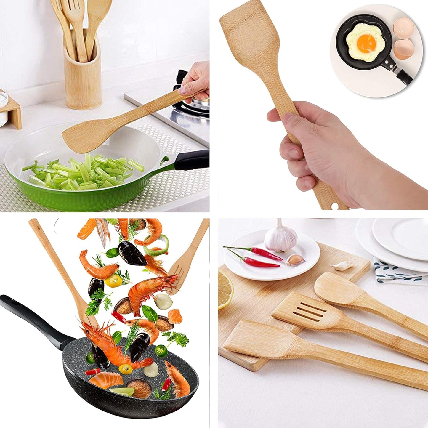 Lot de 8 Ustensiles de Cuisine en Bambou, Cuillères et Spatules en Bois, Anti-adhésifs et Wok, Spatule Pelle, Ensemble D'ustensiles de Cuisine Résistant à la Chaleur Outils Cuillère Spatule