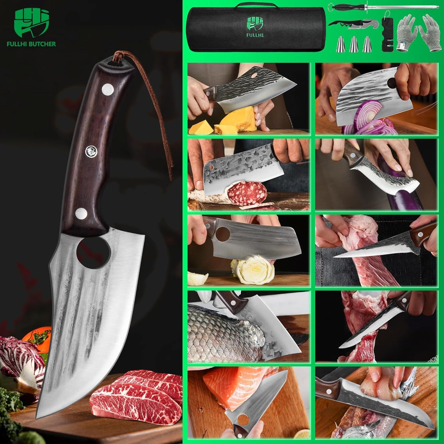 FULLHI Lot de 17 couteaux Metzger Chef comprenant fourreau en acier au carbone et couteau de cuisine complet Tang légume Cleaver Home BBQ Camping avec sac à couteaux