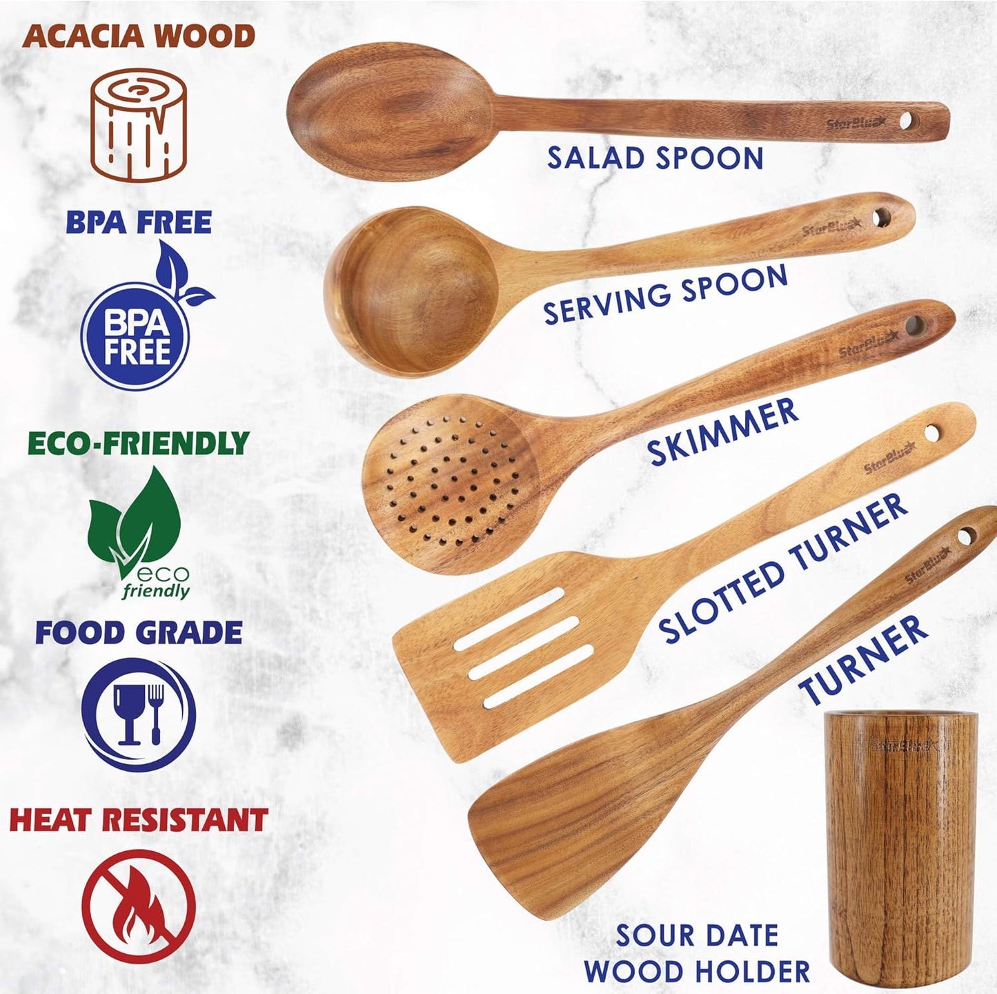 StarBlue Lot de 6 ustensiles de cuisine en bois d'acacia – Spatules anti-rayures et durables pour ustensiles de cuisine antiadhésifs – Spatule en bois écologique et ergonomique et support de poêle