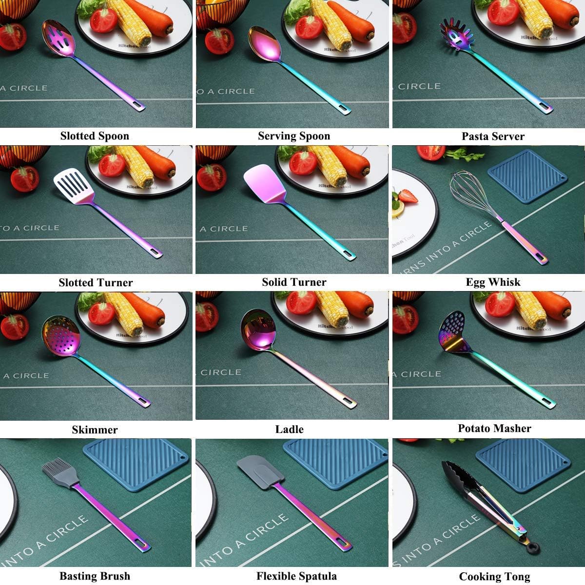 Ensemble D'ustensiles de Cuisine Arc-En-Ciel, Ensemble D'ustensiles de Cuisine en Acier Inoxydable de 13 Pièces Avec Placage Arc-En-Ciel en Titane, Ensemble D'outils de Cuisine Avec Porte-Ustensiles