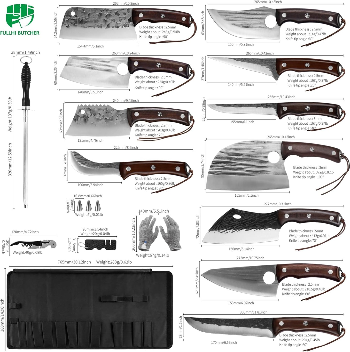FULLHI Lot de 17 couteaux Metzger Chef comprenant fourreau en acier au carbone et couteau de cuisine complet Tang légume Cleaver Home BBQ Camping avec sac à couteaux