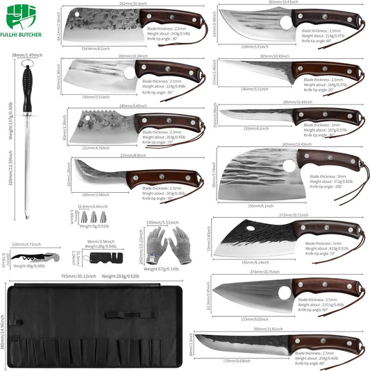 FULLHI Lot de 17 couteaux Metzger Chef comprenant fourreau en acier au carbone et couteau de cuisine complet Tang légume Cleaver Home BBQ Camping avec sac à couteaux