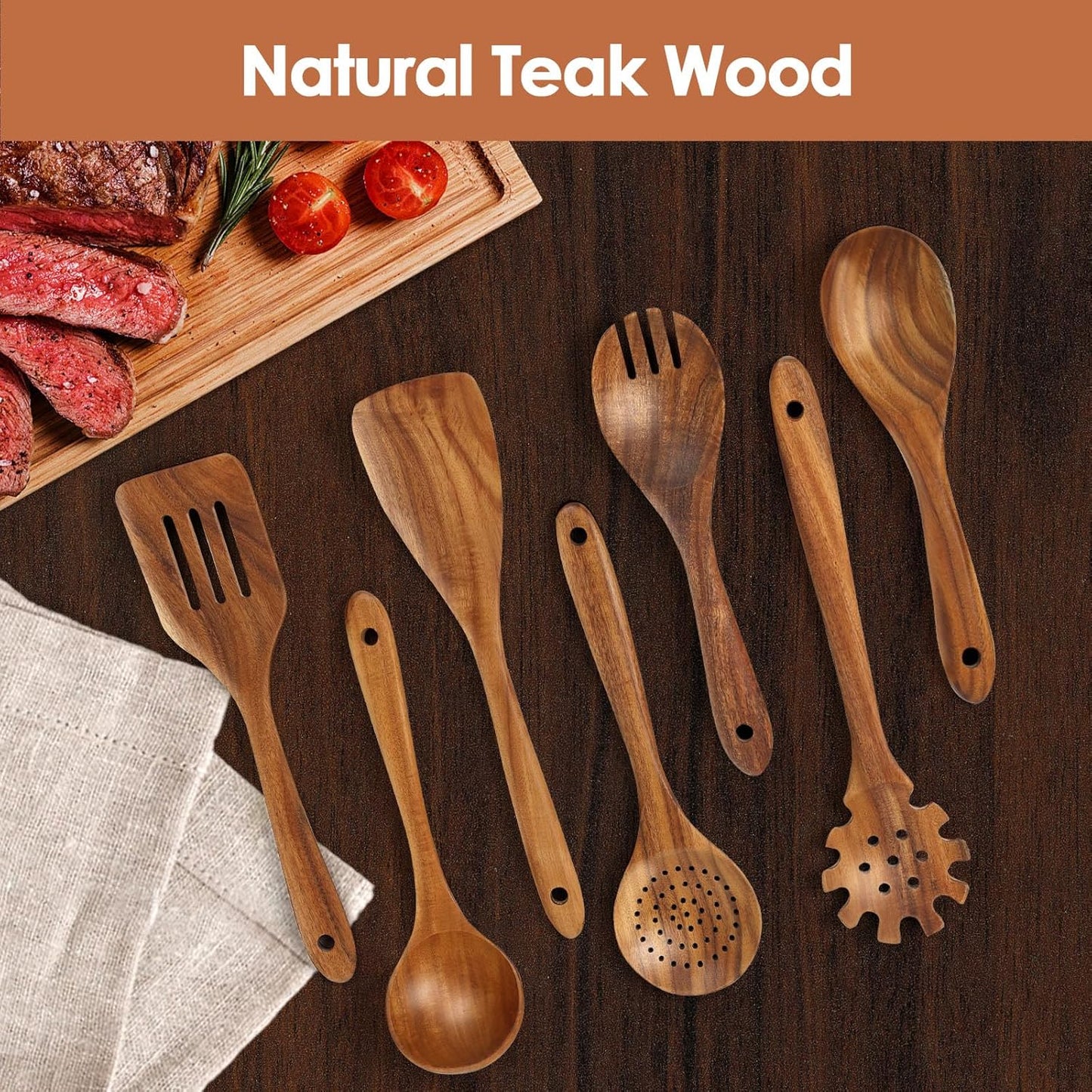 comfoyar Teck Ustensiles de Cuisine Bois, Set de 7 Cuillère en Bois pour la Cuisson avec Spatula et Ladle, Lot de Cuillere Ustensile Résistance à la chaleur Convient pour Poêles Antiadhésives