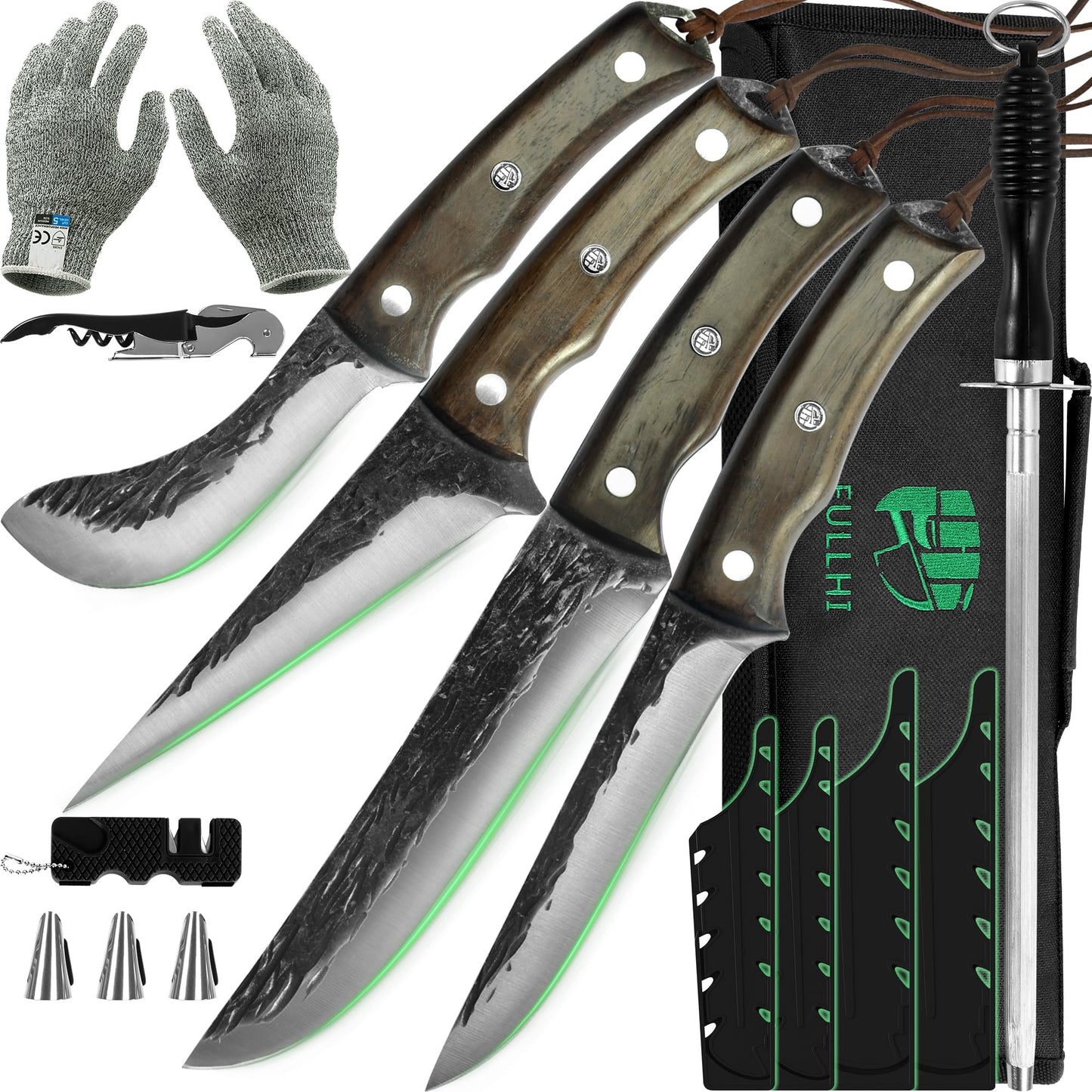 FULLHI Lot de 17 couteaux Metzger Chef comprenant fourreau en acier au carbone et couteau de cuisine complet Tang légume Cleaver Home BBQ Camping avec sac à couteaux